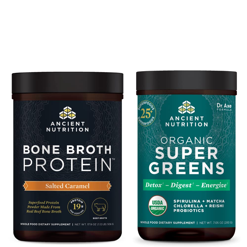 Starověké nutriční kostní protein prášek, slaný karamel, 20 Služeb + organické Supergreens Powder, Green Flavor, 25 Služeb
