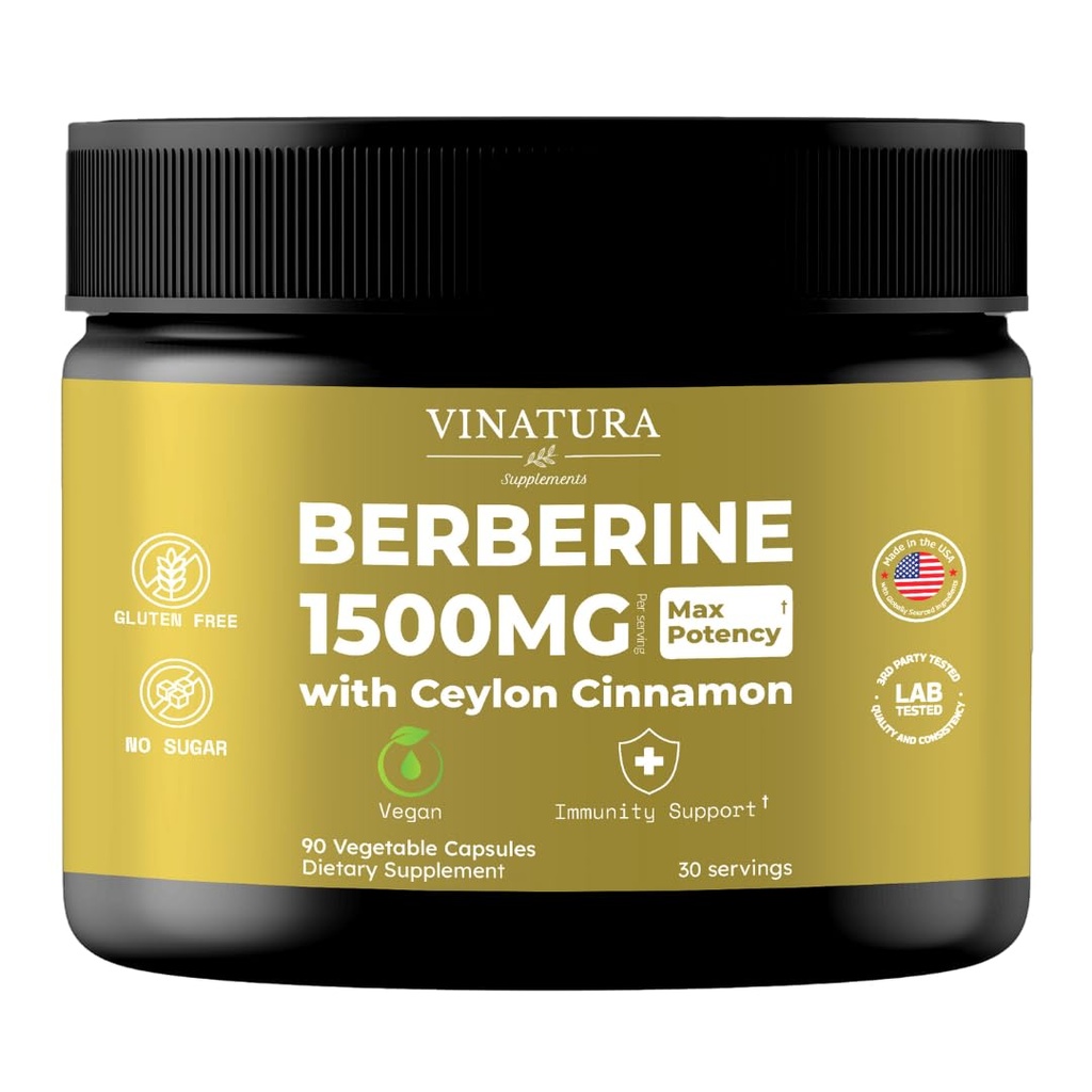 VINATURA Berberine 1500mg - dodatek Berberine s Ceylon Cinnamon, Max Potency Berberine HCL - 90 Kapsle