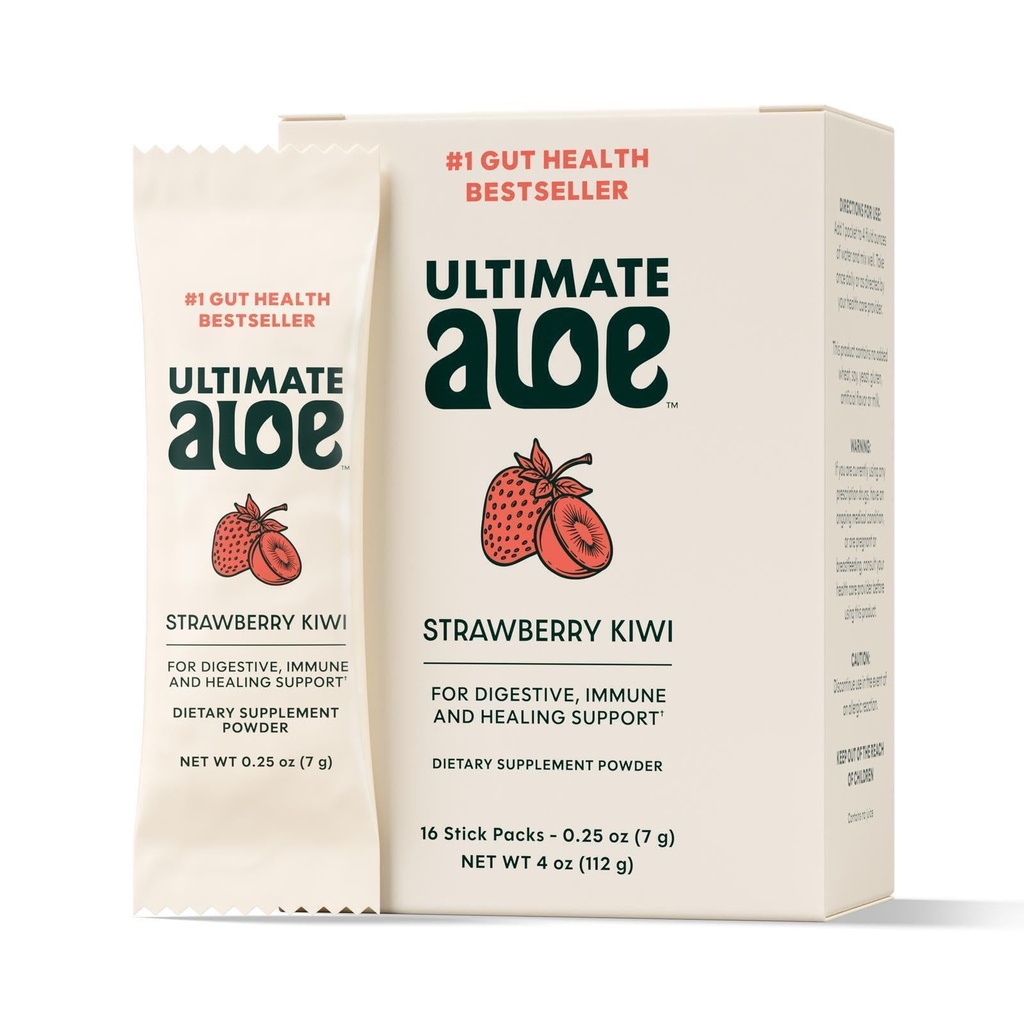 Ultimate Aloe Powder - Strawberry Kiwi Flavor, podporuje trávicí zdraví, imunitní systém a normální léčení, Aloe v Pohodlné Powder Packets, 16 Packets, gluten- Free, Vegan, Non- GMO