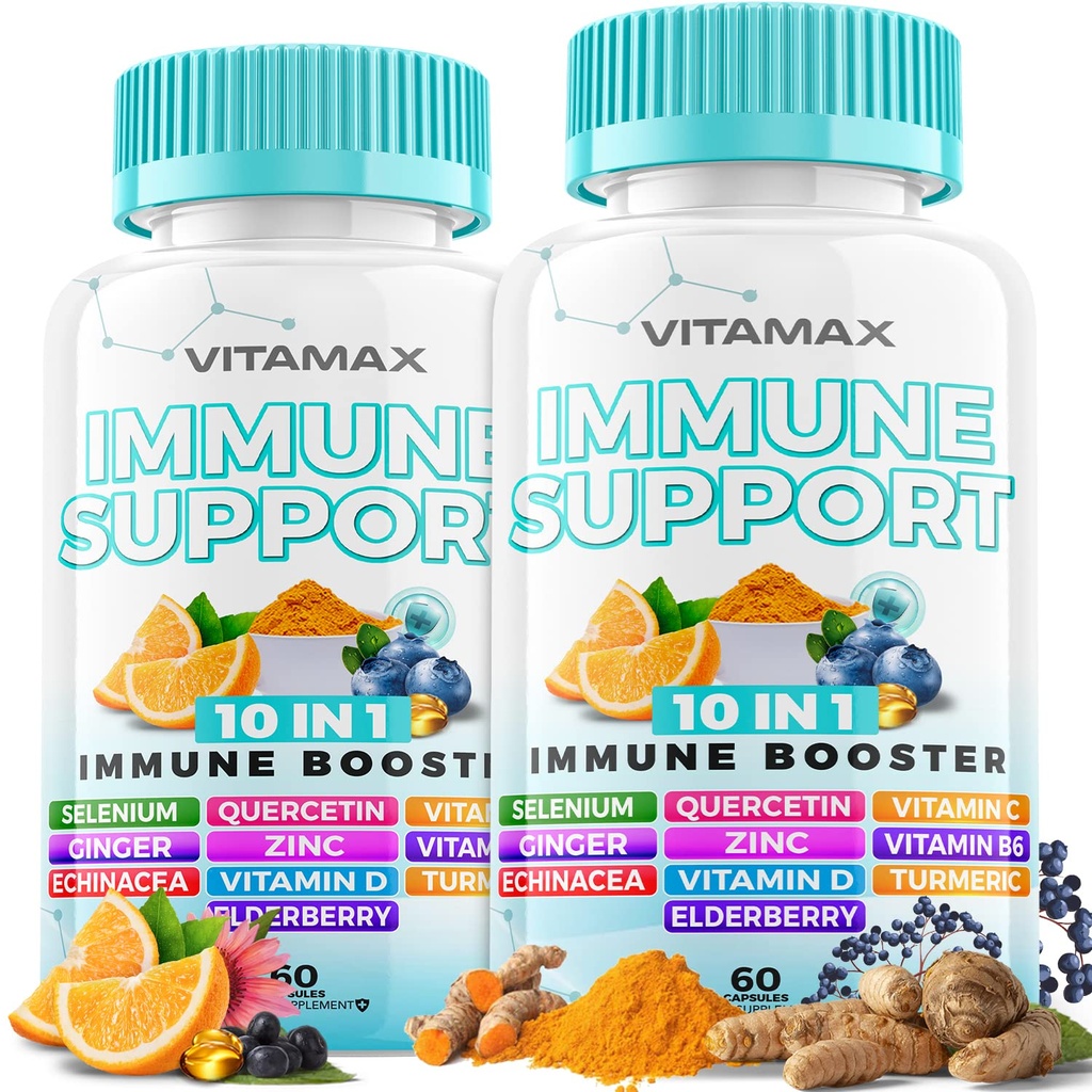 10- in-1 Imunitní podpora s Elderberry, D3, Selen, Quercetin, Zinek, Vitamin C, Ginger, Kurkumin kurkumin, B6, Echinacea - imunitní obrana - Made in USA (60 Počet (balení po 2))