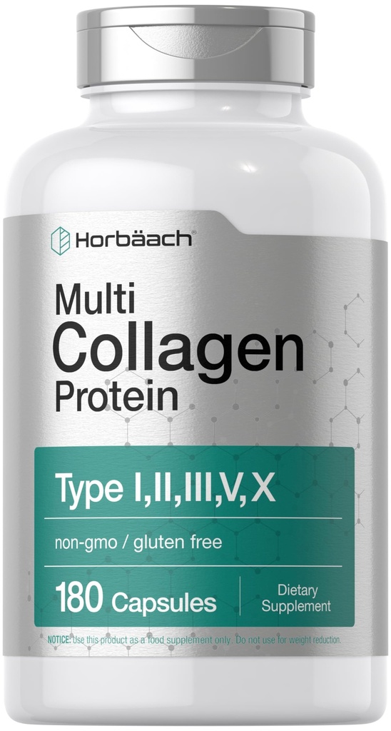Horbäach Multi Collagen Protein 2000 mg / 124; 180 Kapsle 124; Hydrolyzované kolagen typu I, II, III, V, X / 124; Keto & Paleo Friendly, Non- GMO, Gluten Volný dodatek