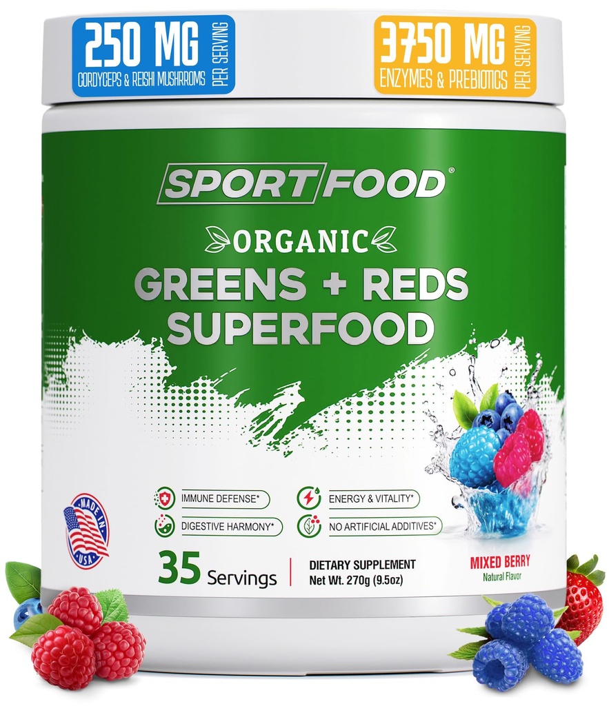 Organic Green & Red Superfood Powder 124; Mixed Berry Flavor OF 124; 25 + Super Fruits & Veggies, Beets, Prebiotics OF 124; Energizing, Antioxidant- Rich, Keto- Friendly Smoothie Mix OF 124; 35 Servings