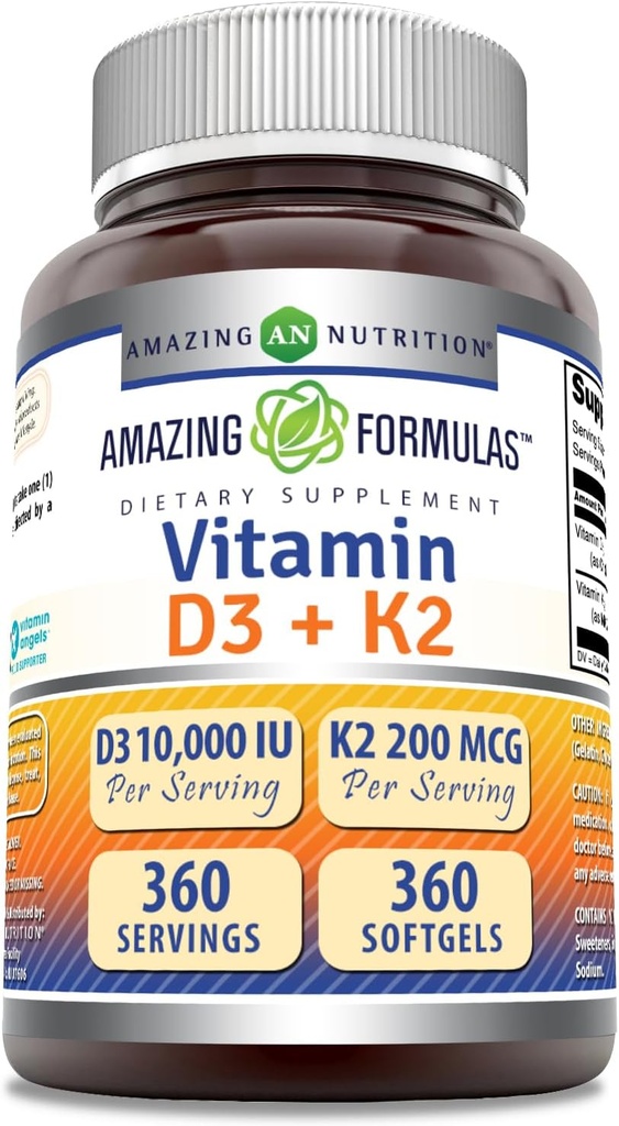Úžasný vitamín D3 10000 IU s vitaminem K2 200 Mcg CLAS124; D3 + K2 Komplexní dodatek CLAS124; Non- GMO CLAS124; gluten- Free CLAS124; vyrobený v USA (1 balení, 360 počet)
