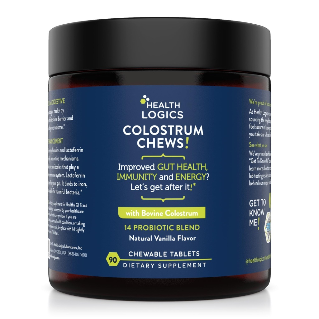 Zdravotní logika Colostrum Chews- Colostrum dodatek 25% IgG pro Gut zdraví, imunitní podpora, růst vlasů, Vanilla Flavor, 90 Služení, Celý skot Colostrum Superfood