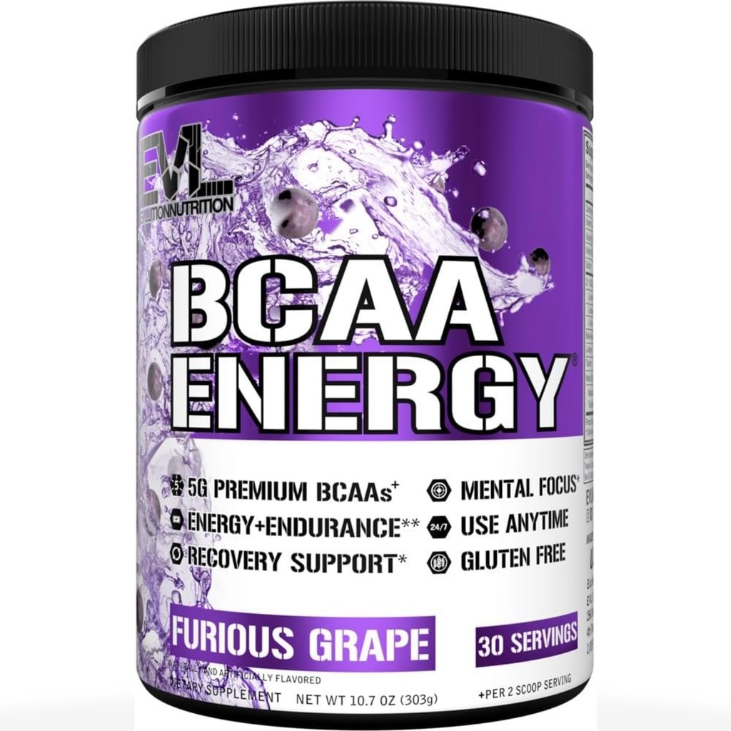 EVL BCAA Aminokyseliny Powder - BCAA Energy Pre Workout Powder for Muscle Recovery Lean Growth and Endurance - Rehydratační příspěvek Recovery Drink with Natural Cafeine - Furious Grape