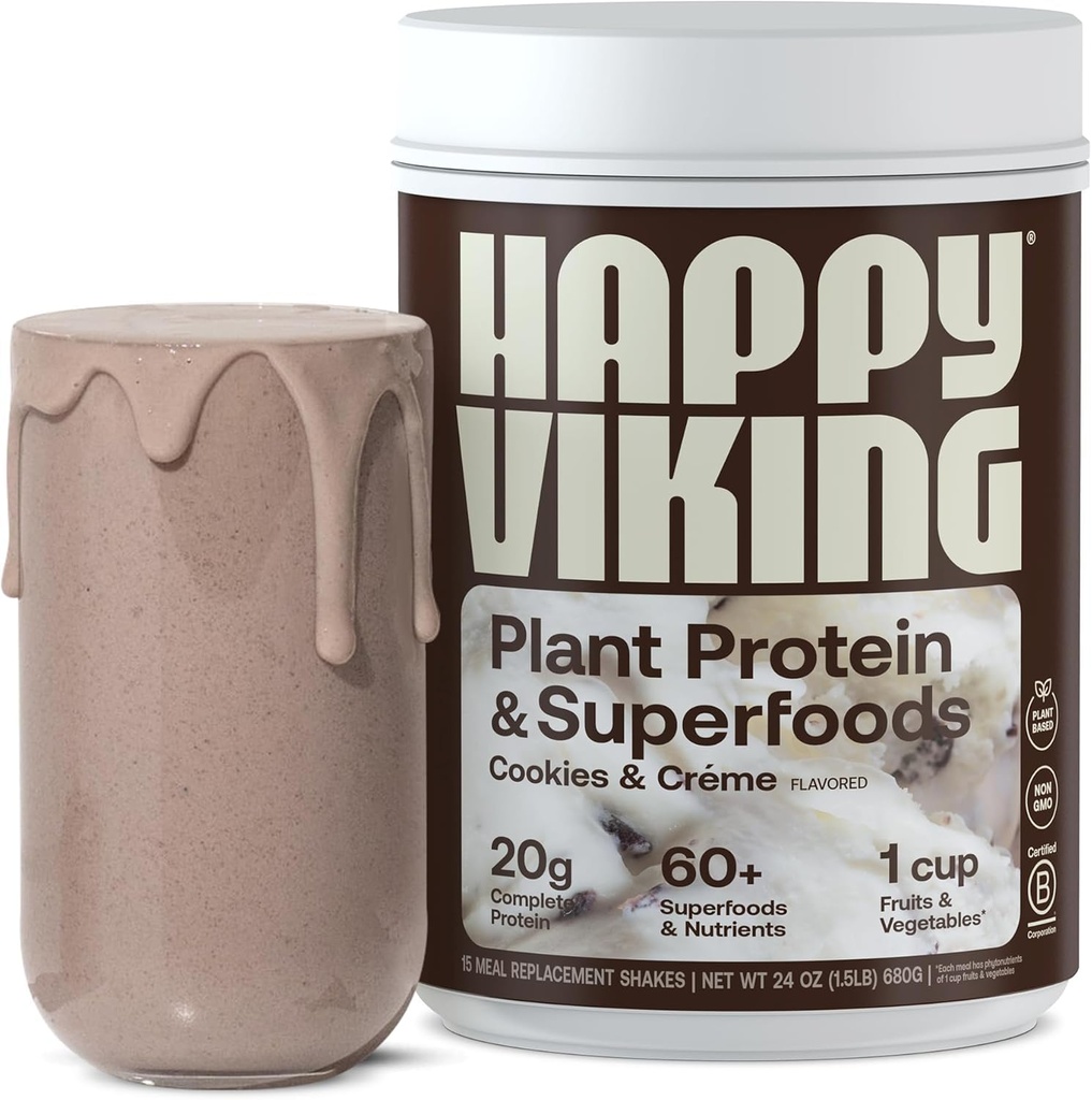 Happy Viking Cookies a Cream Plant Protein Powder, Vytvořil Venus Williams, 20G Protein, Low Carb, Keto, Vegan, gluten- Free, Non- GMO, Superfoods, Kompletní strava náhrada, 1 Canister