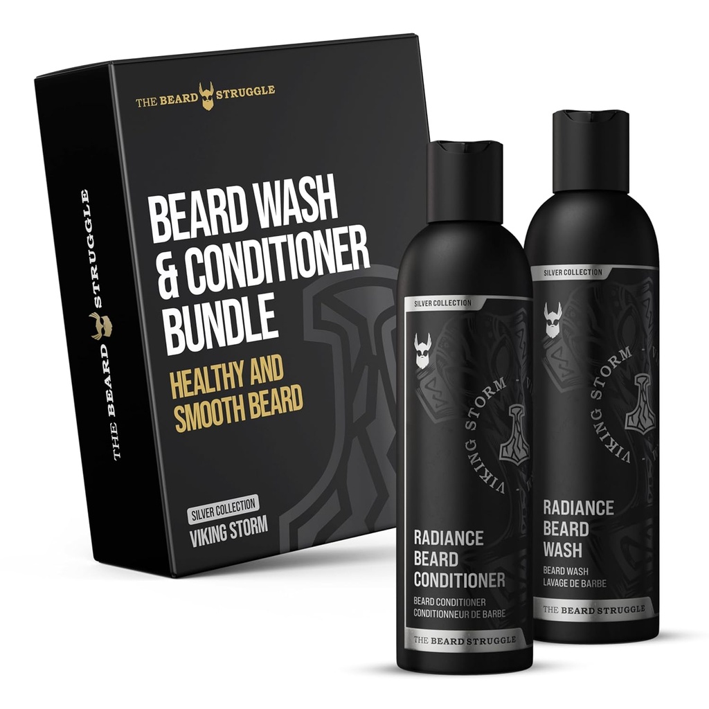 The Beard Boj - Radiance Beard Wash & Conditioner Bundle - Stříbrná sbírka - Balení 2, Viking Storm - Nourish, Cleanse, Softens, & Posilens Beard - Beard Wash a Conditioner pro muže