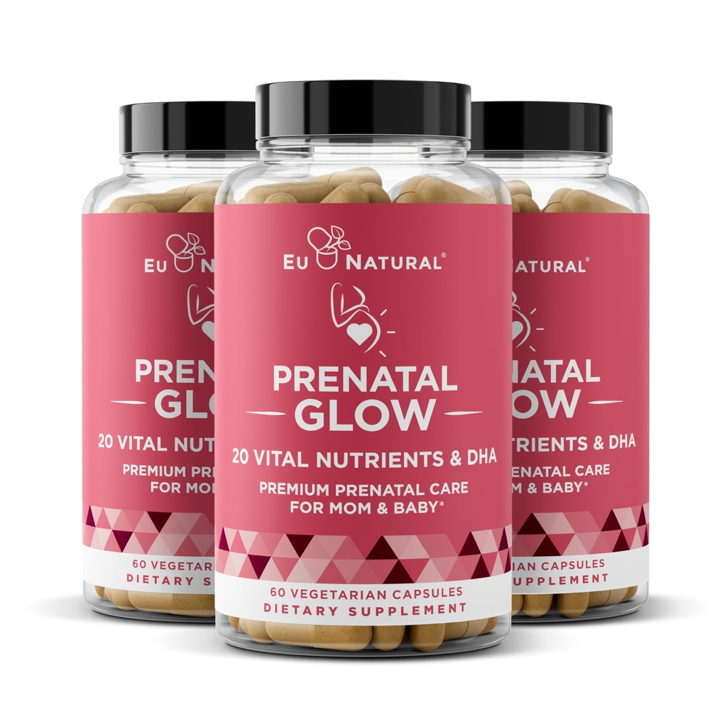 Glow Prenatal Vitamíny pro ženy 3- balení Bundle - 20- in-1 Vitální živiny pro zdravé těhotenství a vývoj plodu - kyselina listová & Vegan DHA pro růst dítěte & Pohodlné těhotenství - 180 Kapsle