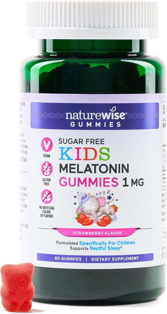 NatureWise Kids Melatonin 1 mg Sugar- Free Gummies for Children Ages 4 & Up - Non-Habit Forming Sleep Aid - Jahodová ochucená - Vegan, No Gluten, Non-GMO - 60 Počet [2-Month Supply]