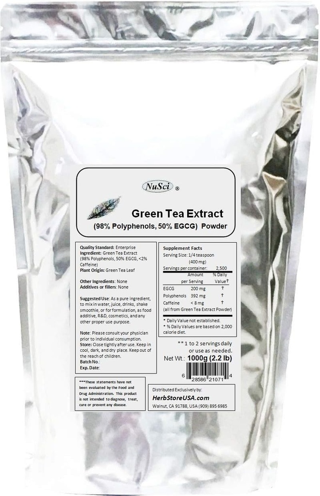 Green Tea Extract Bulk Powder Standardizované 98% polyfenoly a 50% EGCG GMO bez ne- ozářené (1000 gram (2,2 lb))