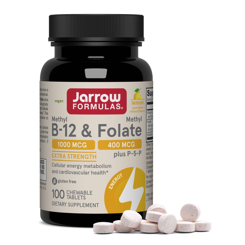 Jarrow Compatias Methyl B- 12 1000 MCG a methyl folát 400 MCG, Extra síla, metabolismus buněčné energie a kardiovaskulární zdravotní vzorec (1) S P- 5- P, 100 žvýkací tablety, až 100 denní dodávka