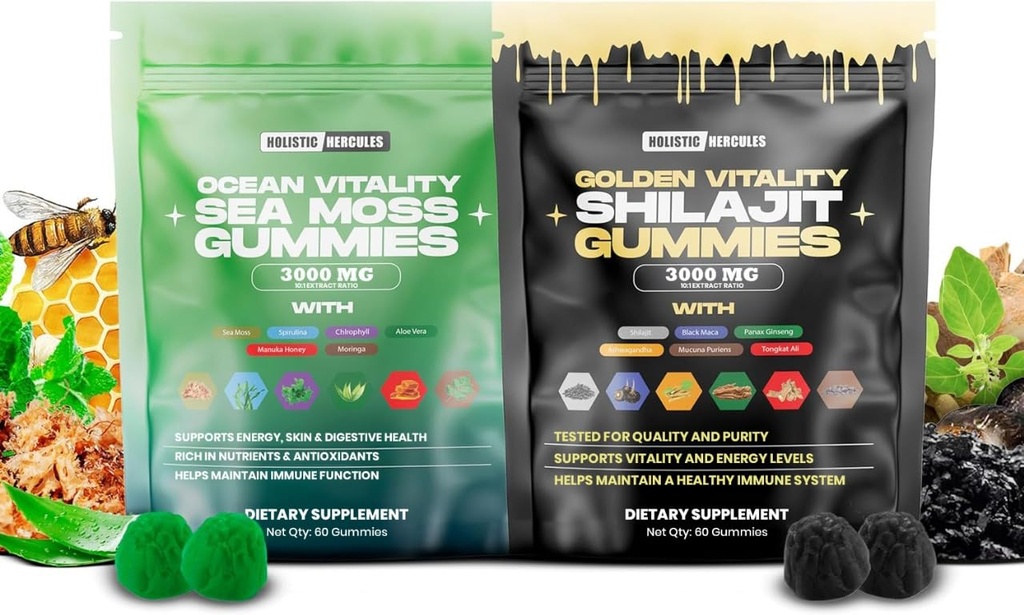 holistický Hercules Sea Moss & Pure Himalayan Shilajit Gummies Gold French 124; 100% přírodní organický Vegan French 124; No Add Sugar Fren124; Ashwagandha Tongkat Ali Ginseng Spirulina Moringa Honey Fren12; 60 Gummies 2 Pack