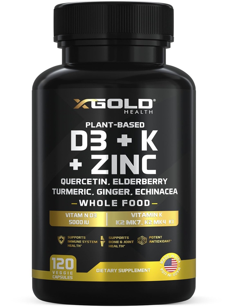 Vitamin D, K2, K1, zinek, Quercetin, bezinky, kurkuma, zázvor & Echinacea Celý doplněk stravy 8 v 1- D3 5000 IU Plant- based from Lichen, Vitamin K (K2 MK7, MK4, K1), D3 K2 Vitamíny -120 Kapsle