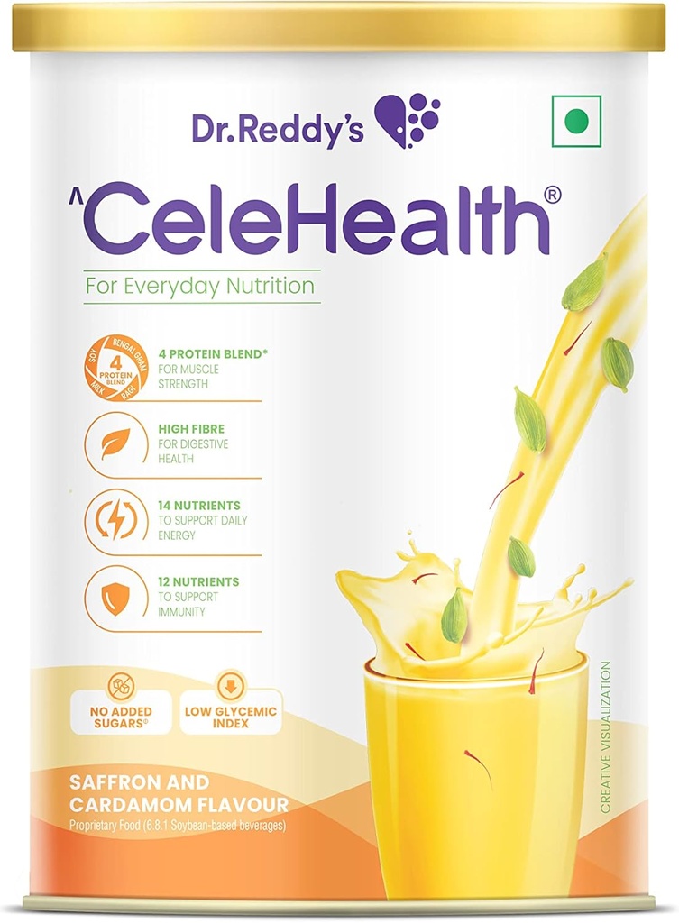 Dr. Reddy je Celehealth Nutritional Drink, Protein dodatek pro denní použití, Nízký glycemický index, Zero přidaný cukr, Saffron a Cardamon Flavour, 400g, žlutá