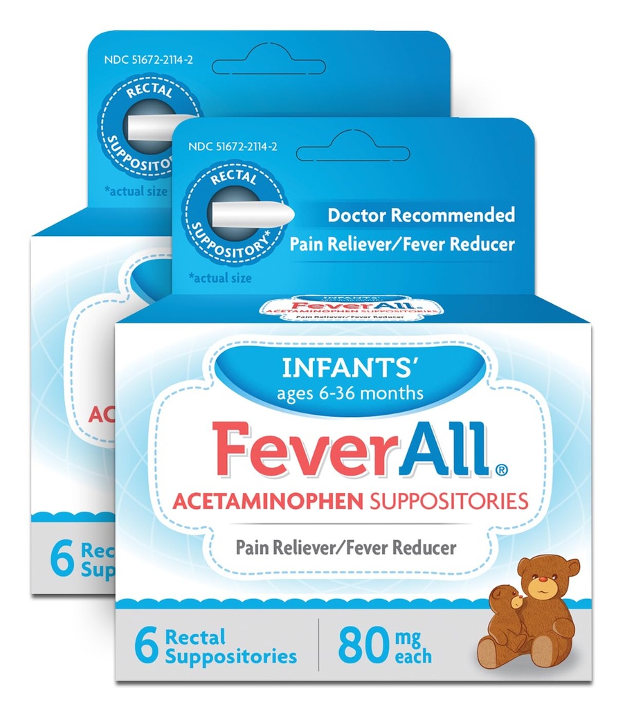 Feverall Infant Acetaminofen Suppositors 6 Rectal Suppositors 80mg Each Pain Reliever / Fever Reducer. Paraben Free, No umělé barvy nebo jiné konzervační prostředky. Věk 6- 36 měsíců. Hodnota 3 balení.