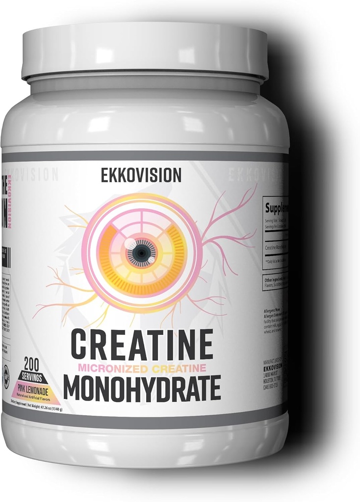 Ekkovision Creatine Monohydrát Powder, Mikronizované, Pink Limonade, Pre Workout & Post Workout Dodatek pro muže a ženy, Energetická podpora, Snadno míchat v třeseních, Smoothies & Nápoje, 200 Služební