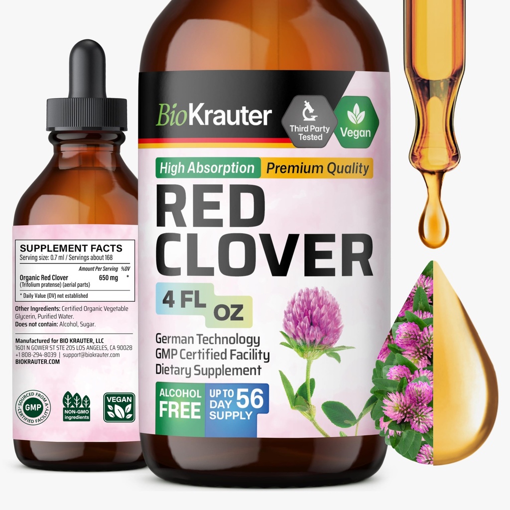 BIO KRAUTER Červený jetel Tinktura - Červený jetel Extrakt - Tekutý dodatek pro podporu žen - Alkohol a cukr zdarma - Vegan Kapky 4 Fl.Oz.