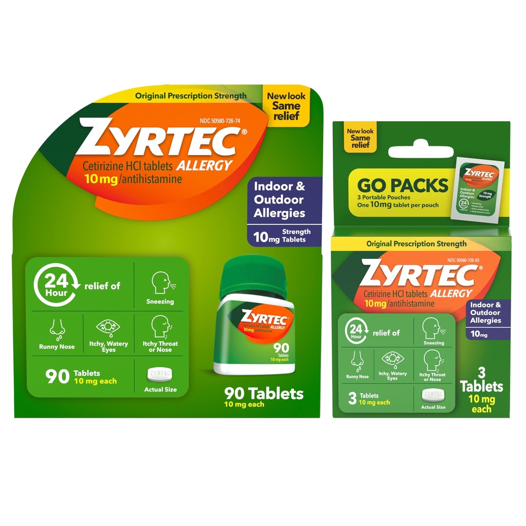 Zyrtec 24 hodin Allerief Relief Tablety, Indoor & Outdoor Alergics Medicine with 10 mg Cetirizin Hydrochloride Antihistamin, Value Bundle of one, 90 ct Lahvička & Three, 1 ct Travel Packs