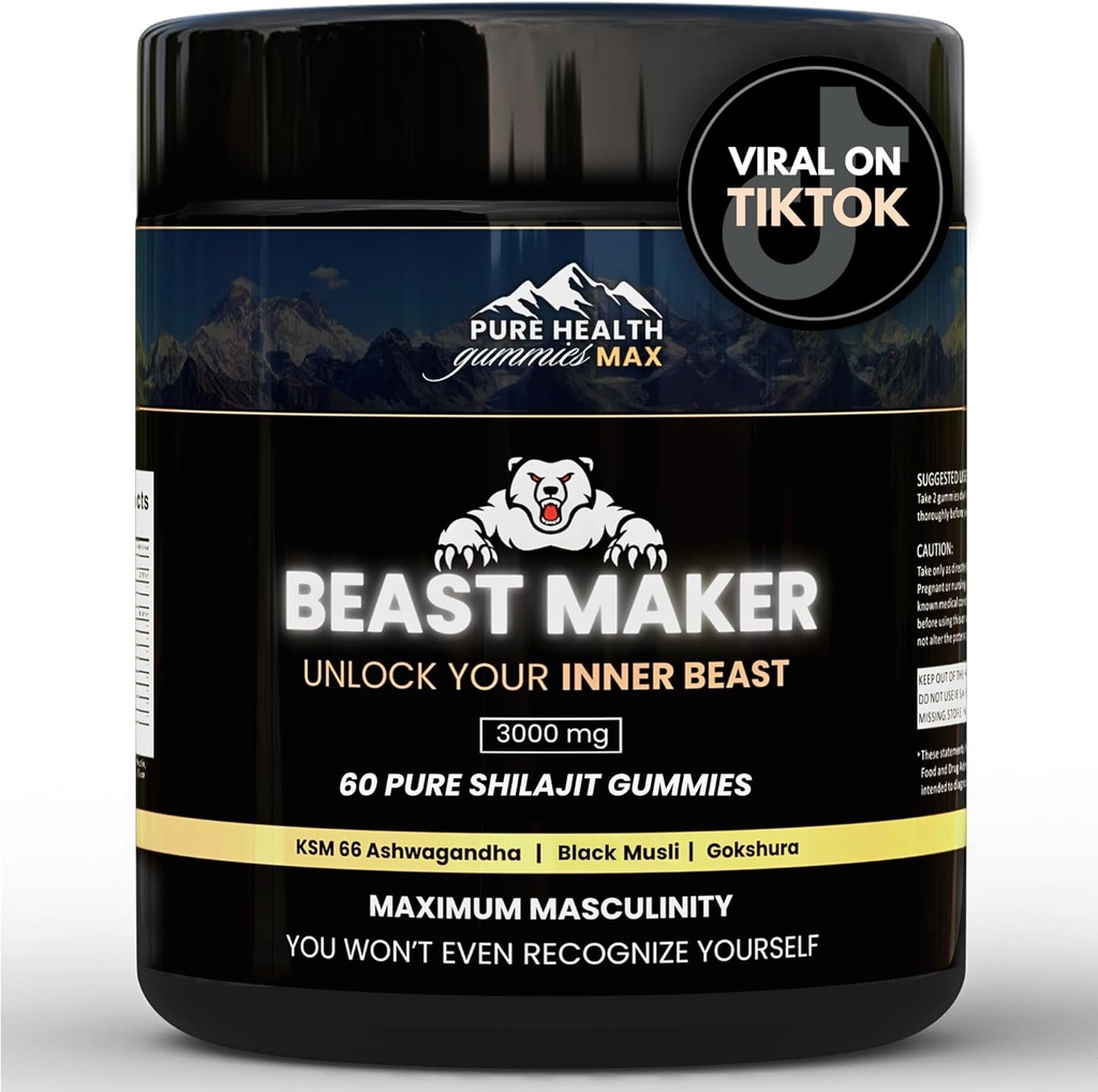 Beast Maker - Pure Shilajit Gummies pro muže 124; Natural Himilayan Organic Shilajit Authentic Male Enhancement Dodatek s Ashwagandha, Black Musli, Gokshura Gummies 124; 60 Gummies