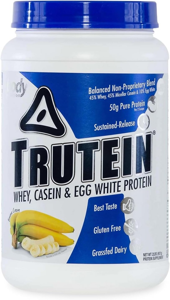 Body Nutrition Trutein High Protein Powder: 45% syrovátka, 45% kasein, 10% Vejce bílá, gluten- Free, Nízký sodík, Tráva Fed syrovátkový prášek, Gym dodatek & Breakfast Shake, Banana Cream, 2lb