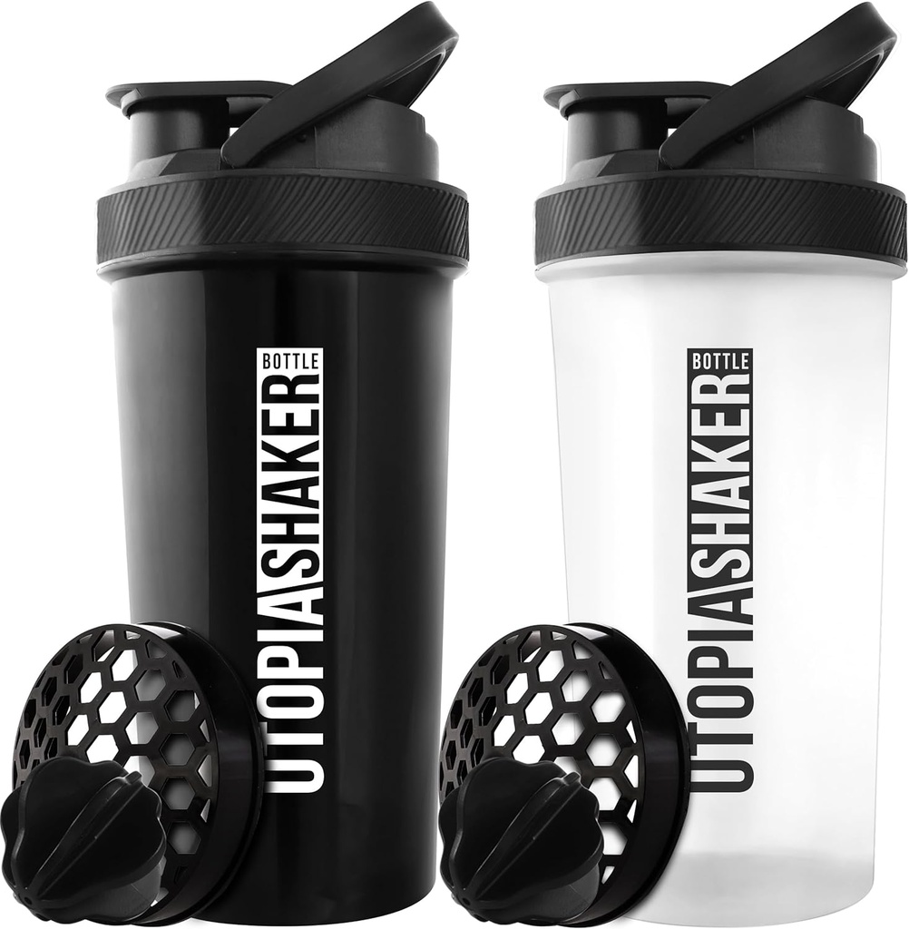 Utopia Home Protein Shaker Lahvička - (Balení 2) 28- Ounce Shaker Lahvičky pro proteinové směsi - Fitness Sports Classic Protein Mixer Shaker Lahvička (Black & Clear / Black)