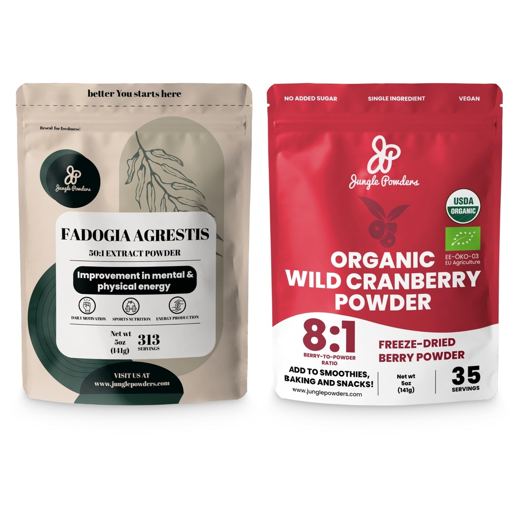 Jungle Powders Ultimate Men 's Wellness Duo: 5oz Fadogia Agrestis Extract & 5oz Organic Wild Cranberry Powder - Nigerian Fadogia Supplement for Drive & Passion, USDA Certified Cranberry Superfood