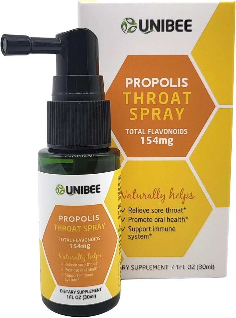 UNIBEE Propolis Krční sprej (celkem Flavonoidy 154mg) - Sore Throat Relief, Oral Health Promotion, Natural Immunication Support, Alcohol- Free & Water- Soluble Propolis