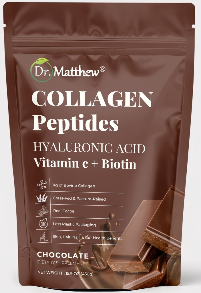 Čokoládový prášek. Kolagen s kyselinou hyaluronovou a vitamínem C. Chocolagen Peptides Powder Chocolate. Kolagen s vitamínem C & Biotin pro vlasy, kůže, hřebíky, klouby. Keto, typ1 a3.