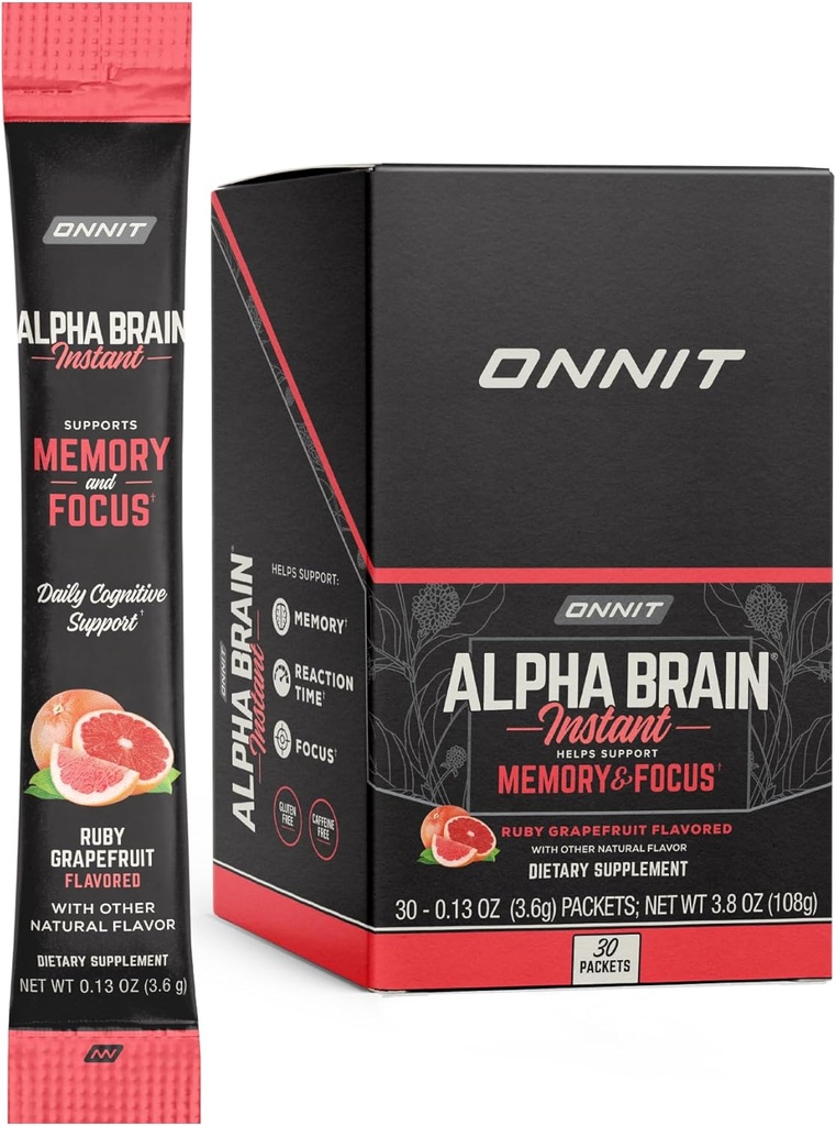 ONNIT Alpha Brain Instant - Ruby Grapefruit Flavor - Nootropic Brain Booster Doplněk paměti - Mozková podpora pro soustředění, Energie & Clarity - Alpha GPC Choline, Cats Claw, L-Theanine, Bacopa - 30ct