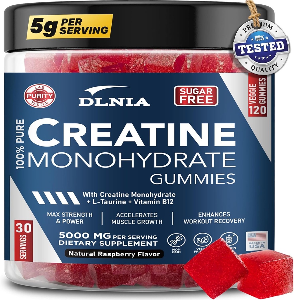 120 Creatine Monohydrát Gummies pro muže a ženy, Vegan- Friendly, Sugar- Free, & Chutné žvýkačky - Instantized Creatin Gummies for Enhanced Muscles Growth, Recovery, & Performance (Malina)