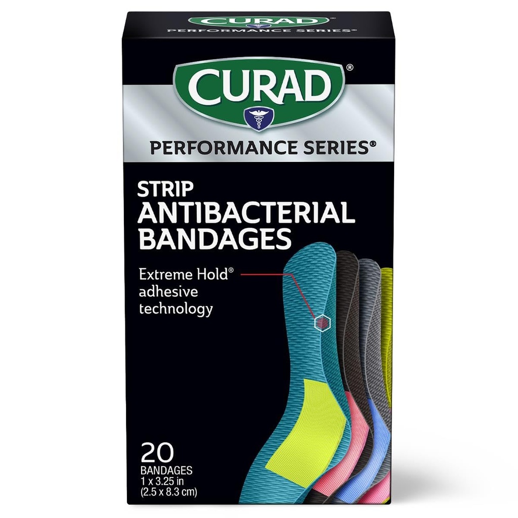 CURAD Performance Series IRONMAN Antibakteriální obvazy, Extreme Hold Adhesive Technology, Standard Size Flexible Fabric Obvazy pro řezné rány, Scraps, & Burns, Souřazené barvy, 1 x 3,25 palce, 20 Počet