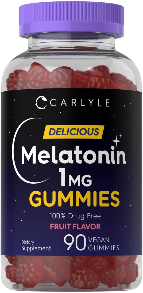 Carlyle Melatonin 1mg gumové gumy 124; 90 počítat 124; Ovoce Flavor Gummy dodatek 124; Vegan, Non- GMO, gluten zdarma