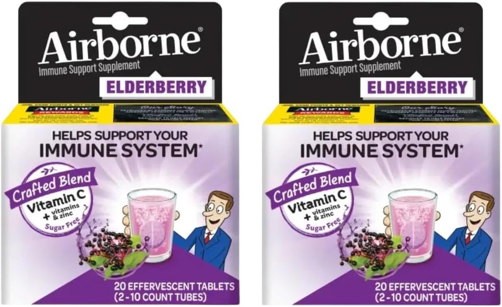Elderberry Extract + vitamin C 1000mg (per Serving) - Airborne Effervescent Tablets (20ct), gluten- Free Immunication Supplement, s vitaminy A C E, ZINC & Selen, bez cukru (balení po 2)