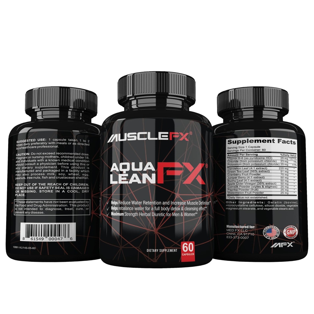 AquaLean FX Maximální síla Diuretická voda pryč pilulky pro zadržování vody a Lean Muscle Defination pro muže a ženy, 60 Kapsle