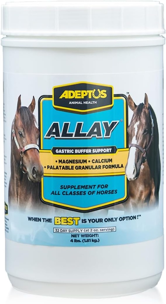 Adeptus Nutrition Allay Equine Dodatek, Trávicí buffer w / vápník & hořčík, Calming Granular Formule w / Licence, Prebiotická základna, Kvasinková kultura, Podpora pro všechny třídy koní, 4 Lbs
