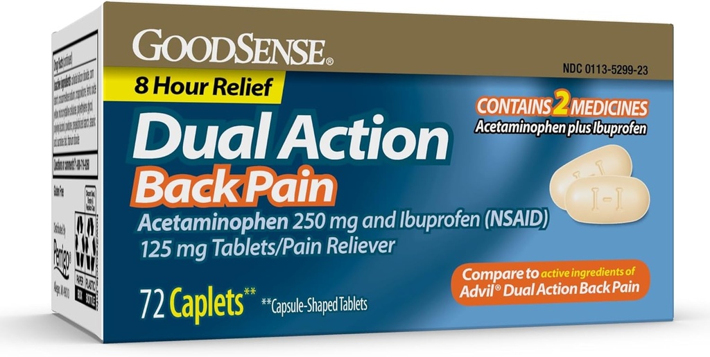 GoodSense Dual Action Acetaminofen a Ibuprofen (NSAID) Tablety, 250 mg / 125 mg, bolest zad, 72 Počet