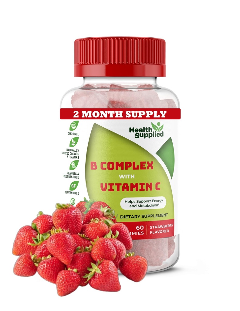 Jahodové ochucené vitamíny B Komplexní gumy - B Komplex s vitamínem C - Podporuje nervový systém a zvyšuje energetické hladiny - Asistenti s kognitivní funkcí - Velký Ochutnávání a snadné spolknout