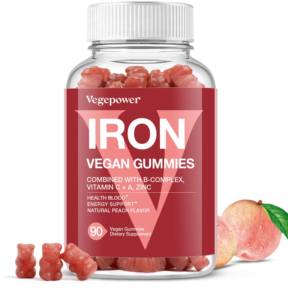 Vegan Železné gumy dodatek - s vitamínem C, A, B-komplex, folát, zinek pro dospělé a děti - Zdravotní krev a energie podpora pro nedostatek železa, anémie, Ne po chuti - Peach Flavor (90 Ct)