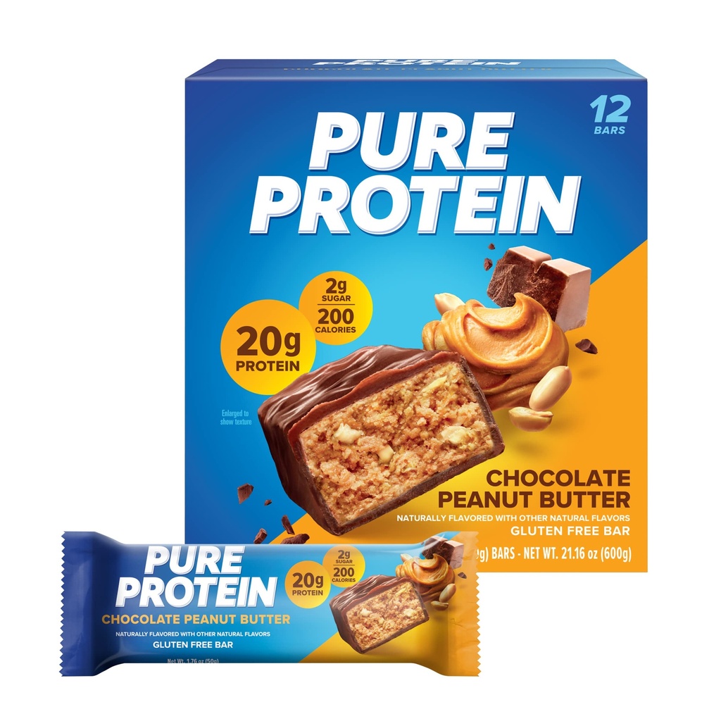 Čisté proteinové tyčinky, vysoký protein, výživné svačiny na podporu energie, nízký cukr, gluten zdarma, čokoládové arašídové máslo, 1.76oz, 12 Počet (balení květen Vary)