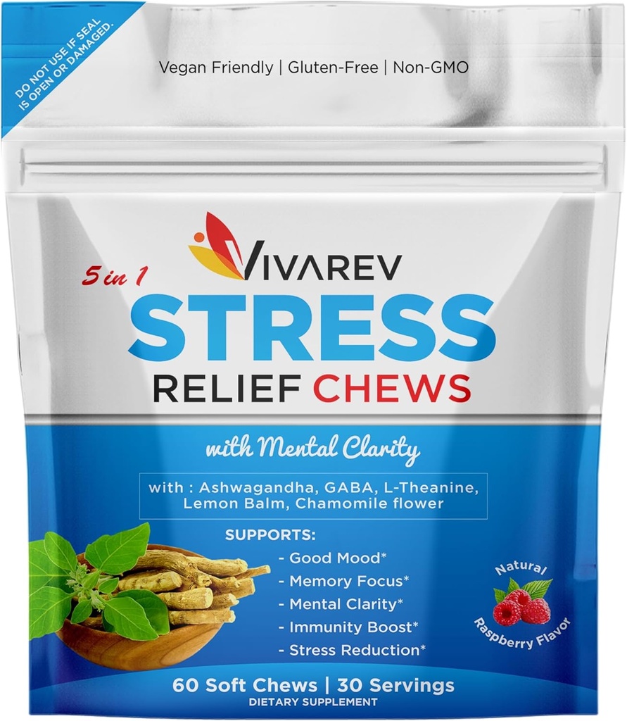 Stress Relief Ashwagandha Gummies - Vyznačená Ashwagandha, GABA, L Theanine, Lemon Balm & Heřmánek Květiny jako Stress Relief a Focus doplňky - Přírodní Raspberry Flavor, Pack of 60