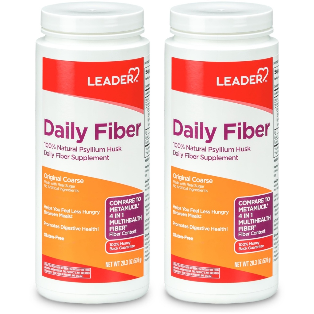 Leader Psylium Husk Powder Supplement 4- in-1 Fiber for Digestive Health, Plant based 100% Natural Psylium Husk Daily Fiber, Gluten Free, Non- GMO, Porovnat s Metamucil 20.3 OZ (Balení po 2)