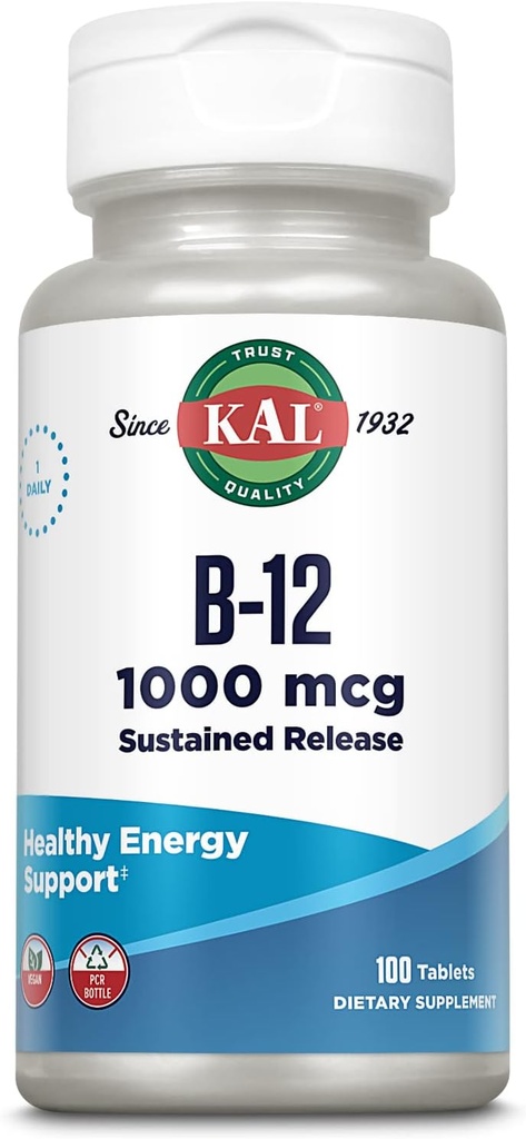 KAL vitamin B12 1000mcg, Setrvalá verze dodatek pro zdravou energii, metabolismus, srdeční zdraví, nerv a červené krvinky podpora, dlouhotrvající vzorec, Vegan, 100 Služeb, 100 Tablety