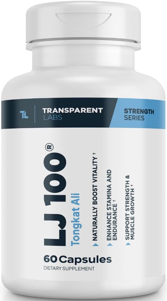 Transparentní Labs LJ100 - Eurycoma Longifolia Tongkat Ali Extract 100mg Kapsle pro Lean Body Mass, Síla a Vylepšení výkonu - 60 Počet