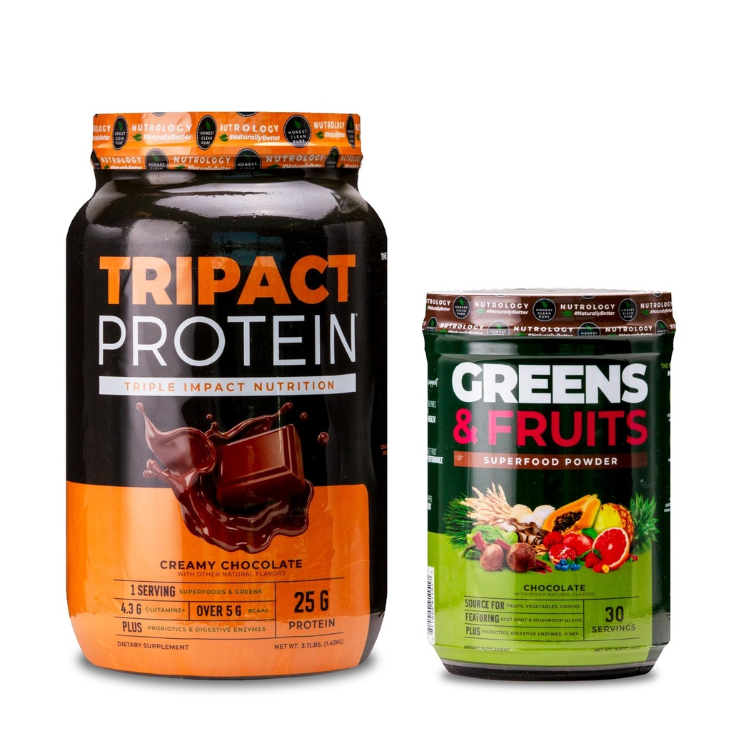 Nutrology TRIPACT Protein Powder, 7- in-1 Meal Replacement Shake, Creamy Chocolate (40 Servings) Green & Fruits Powder- Přirozeně sourced Superfood, Chocolate (30 Servings)