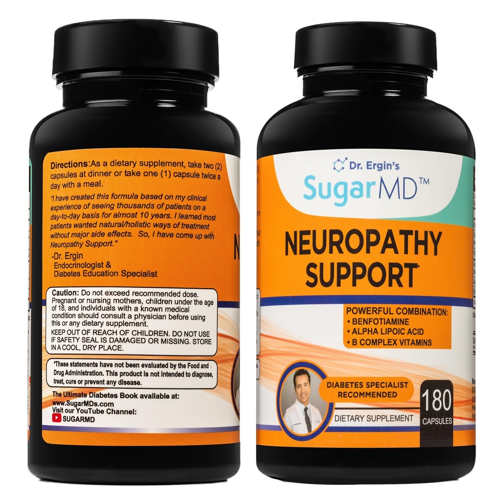 SugarMD Neuropatie Supplement - 180 Nerve Doplněk Kapsle s Alpha Lipoic Acid, Benfotiamin & Vitamin D3 B6 B12 - Nerve Supplement pro Nohy a nohy - 90 Den Dodávka
