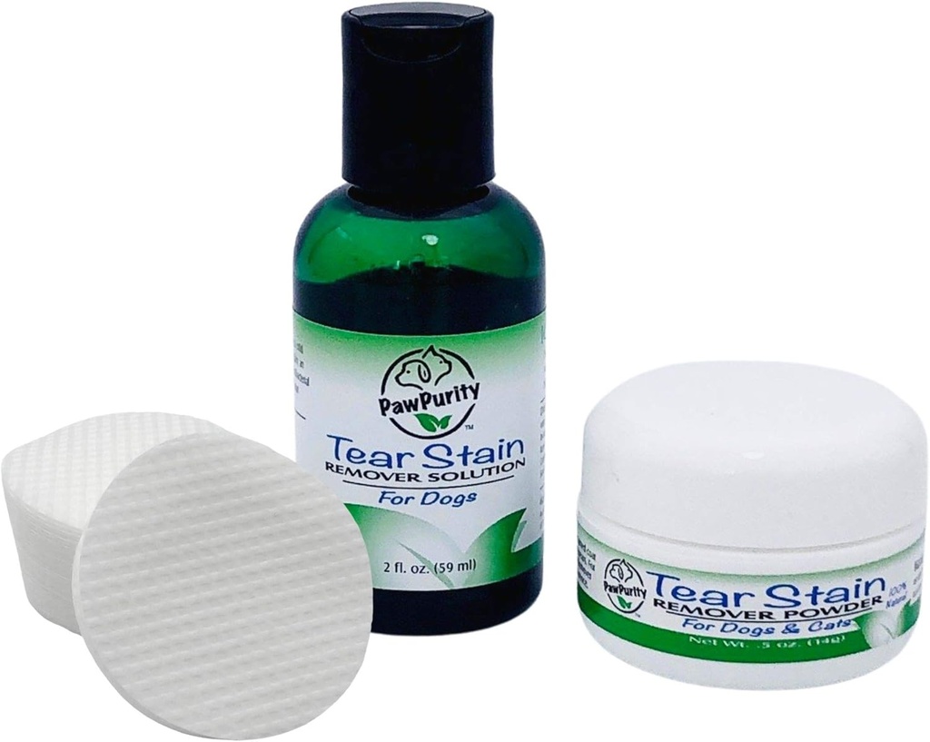 PawPurity Tear Stain Remover Kit pro psy CZ124; Obsahuje Tear Stain Remover Solution 2 oz, Powder .5oz a 30 Aplikační Pads CZ124; 100% přírodní CZ124; Odstranění trvá asi 7- 10 dní (30- 45 den dodávky)