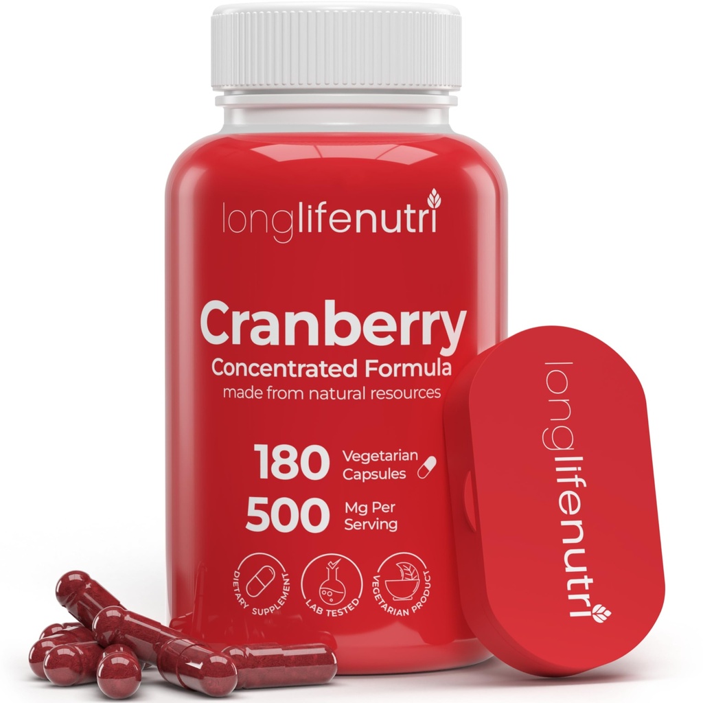 LongLifeNutri Cranberry Extract s vitaminem C & E - Čistá koncentrovaná formule, 500 mg na servírování, 180 Vegetariánských kapslí, Močové Tract Health & Blinder, 6 Month Supply, Made in USA