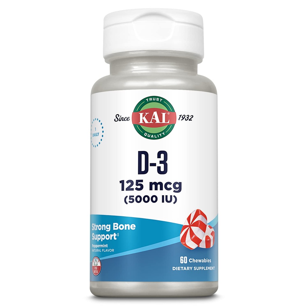 KAL vitamin D3 5000 IU 125 mcg, vysoce potentní vitamin D Žvýkačky, absorpce vápníku, zdraví kostí a imunitní podpora dodatek, přírodní mátový flavor, 60denní záruka, 60 Služeb, 60 Žvýkaček