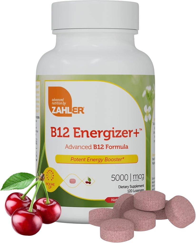 Zahler Energizer + Vitamin B12-5000 mcg Vitamin B12 - Přírodní třešňový flavor Rozpustný Lozenges - Kosher Gluten Free Non- GMO B12 Vitamíny 5000 mcg, Energy Boost, Made in USA (120 Počet)
