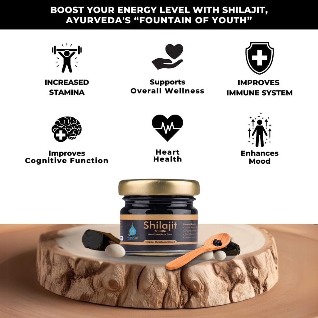 Vedapure Purest Himalayan Shilajit Resin 100% Pure Shilajit s Fulvic acid & 85 + stopové minerály Komplex pro energetickou a imunitní podporu, 15 Grams
